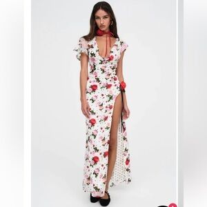 For Love & Lemons Maybell White Maxi Dress with Pink and Red Floral Print